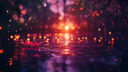 Single red flower on reflective water at sunset light.