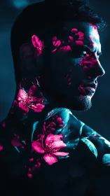 Neon blossoms trace a calm man’s face in soft blue light