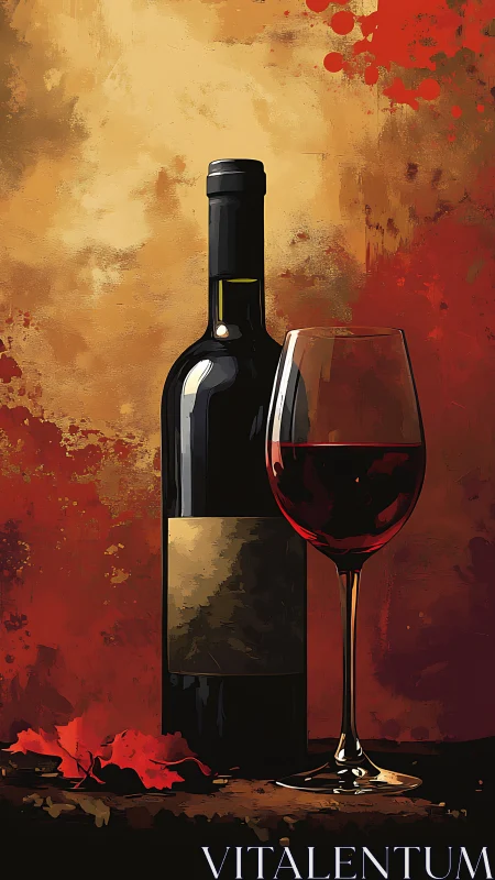 Red wine bottle and glass on warm abstract background.