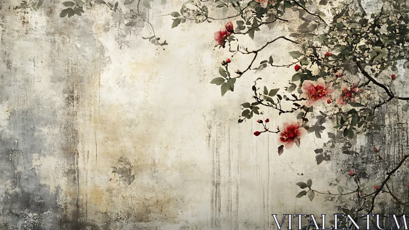 Floral branches intersect weathered textured vertical wall surface