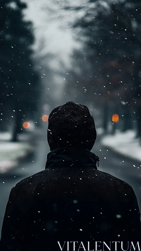 Quiet winter walk with soft snow and gentle city lights.