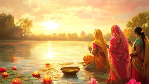 Women offer river prayers under golden sunrise sky.