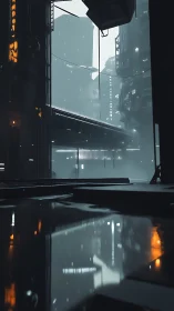 Noir megacity corridor under rain-soaked reflective deck.