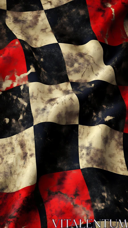 Weathered red black cream checkered textile folds in motion.