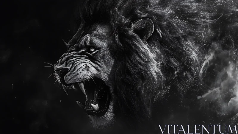 Roaring monochrome lion emerging from swirling darkness.