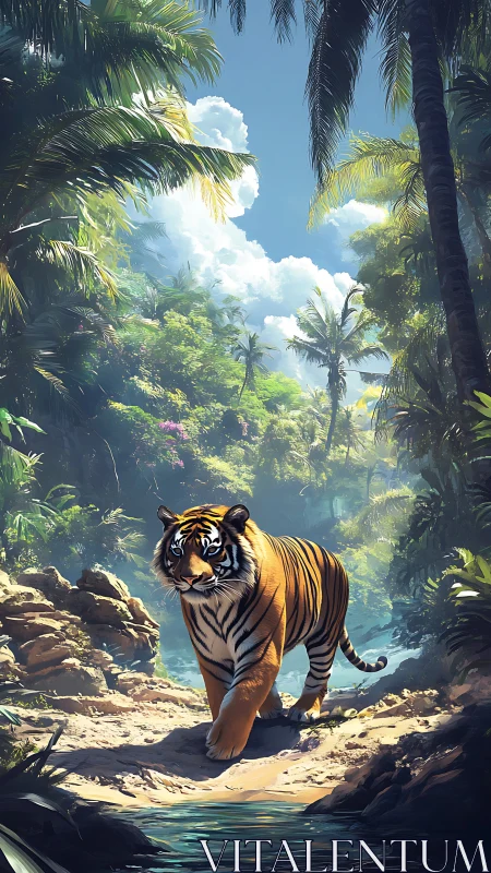 Sunlit jungle pathway welcomes a confident tiger’s stroll