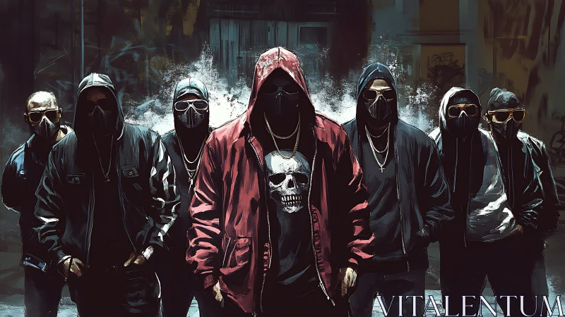 Hooded masked group stands in dimly lit urban alleyway