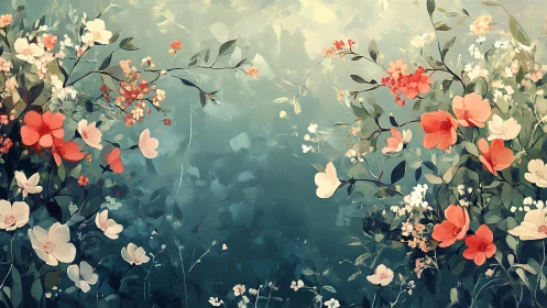 Floral composition with layered flora against teal atmospheric background.