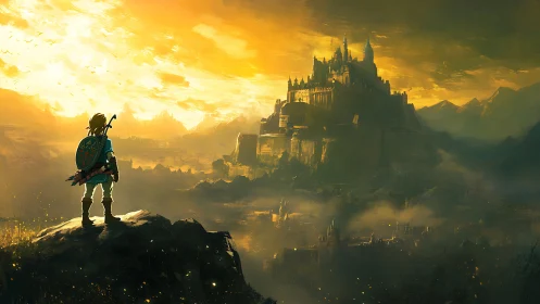 Warm sunrise quest toward a misty golden cliffside castle.