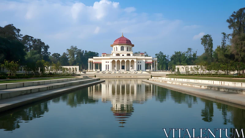 Symmetrical pavilion with axial reflecting pool under clear sky