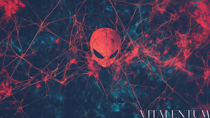 Red stylized mask within abstract web-like structure.