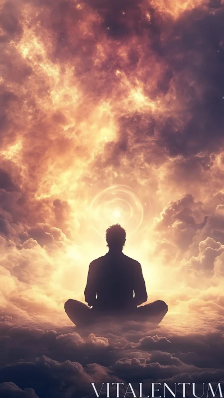 Peaceful figure meditating in glowing dreamlike clouds.