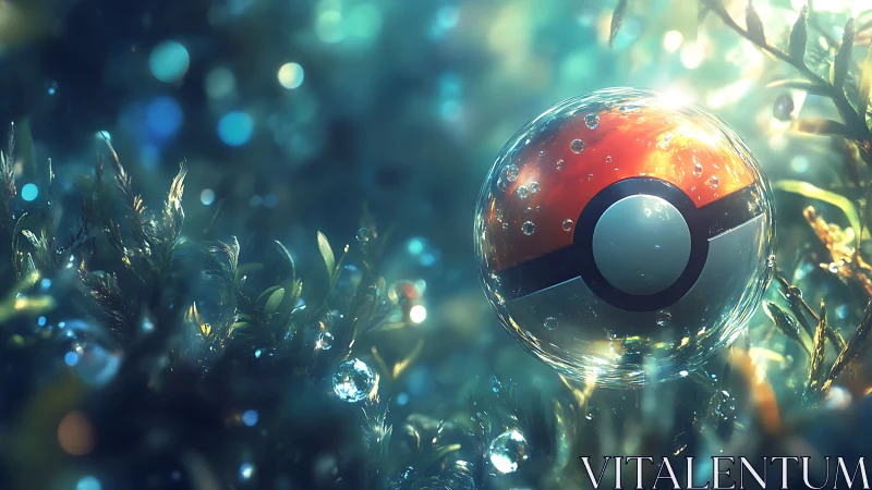 Crystal sphere with bold red band amid luminous moss