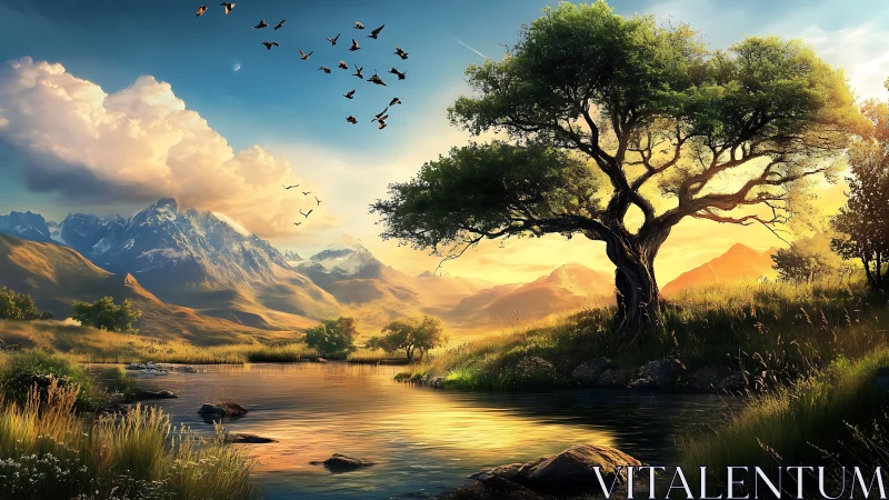 Digital landscape renders solitary riverside tree at sunset