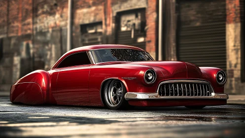 Custom red lowrider glides through gritty urban streetscape.