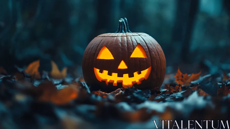 Glowing jack-o-lantern illuminates dark forest floor at dusk
