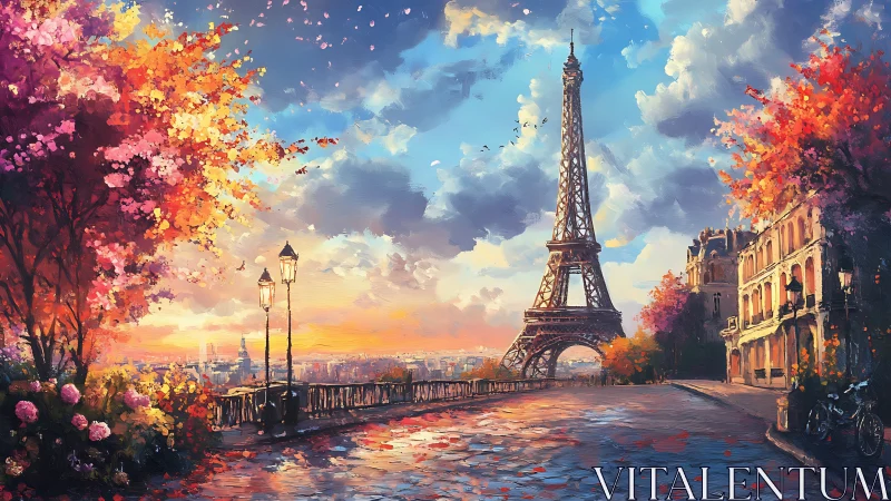Parisian dawn promenade under a blossom-splashed Eiffel sky.