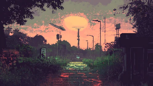 Pixel art sunset street with neon-lit road and tall pole.