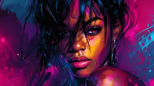 Digital portrait shows close-up face in neon color lighting