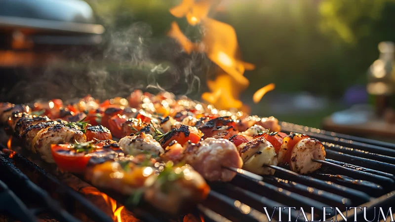 Sunlit skewers and runaway flames crown a summer grill.