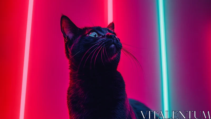 Black cat in neon magenta and cyan backlighting study