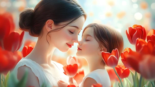 Mother and Child in Tulip Field at Sunrise