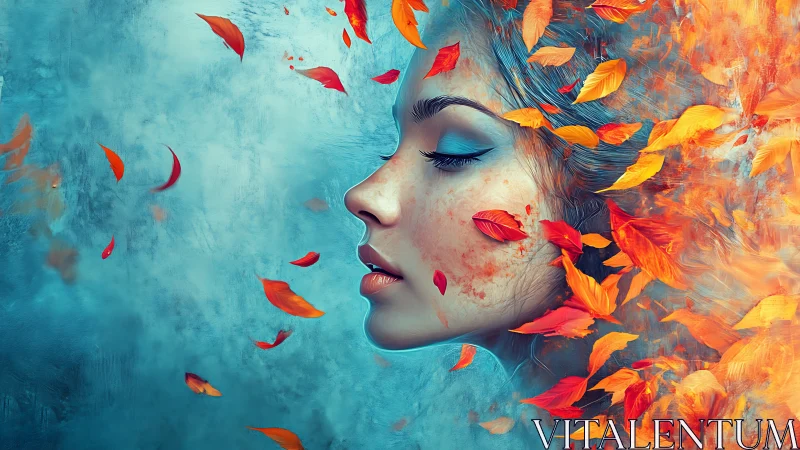 Surreal female profile merges with swirling autumn fire leaves