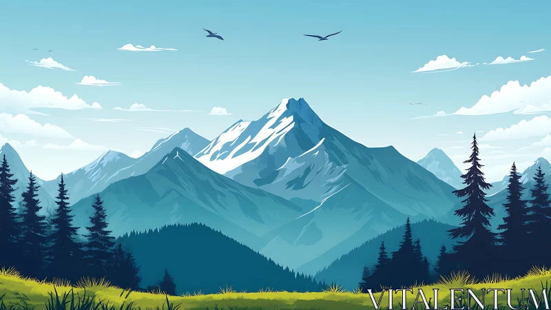 Snowcapped mountain range over pine valley at sunrise.