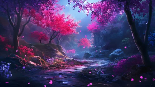 Luminescent blossom pathway winds through saturated fantasy grove