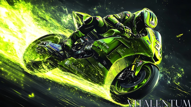 Motorcycle racer leans into corner with neon green energy