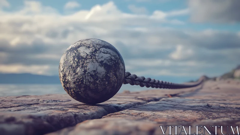Weathered stone sphere anchors braided shoreline cable.
