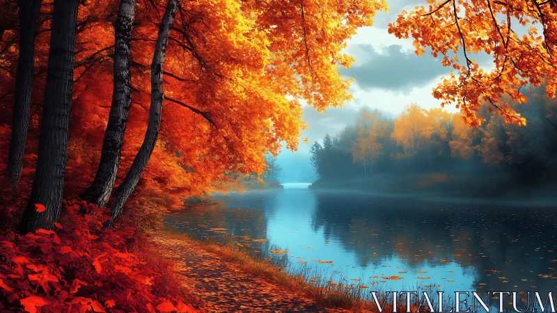 High-saturation autumn riverside with reflective still water