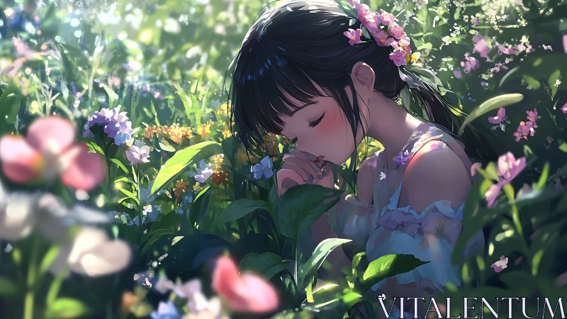 Anime floral portrait in immersive sunlit garden composition.
