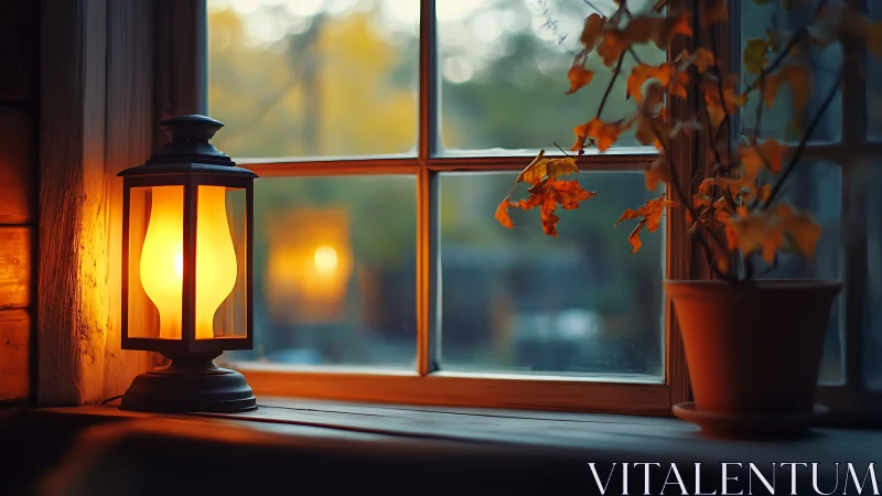 Lantern glow on wooden sill beside autumn foliage at dusk.