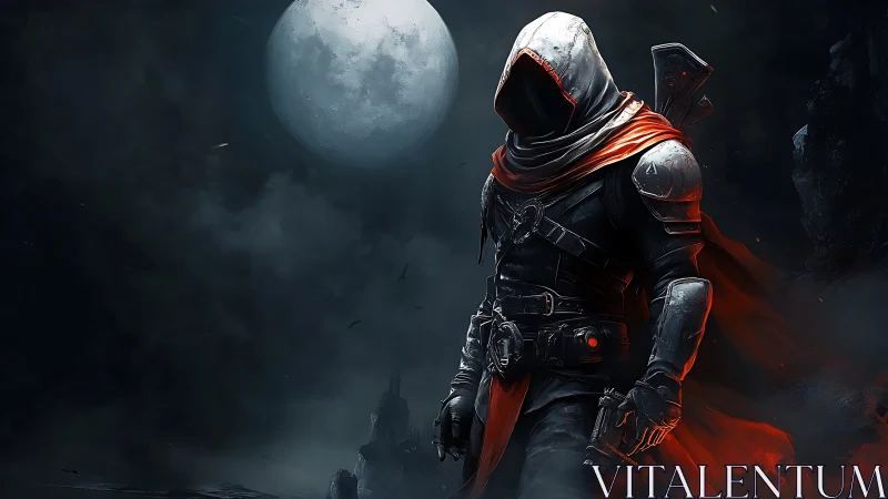 Hooded lunar assassin in crimson cloak, cinematic moonlit vista.