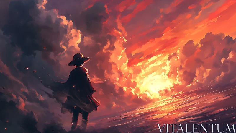 Silhouetted wanderer watching a blazing ocean sunset sky.