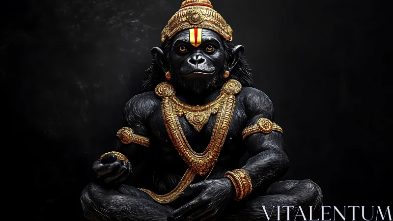 Simian figure in ornate gold regalia against dark background.