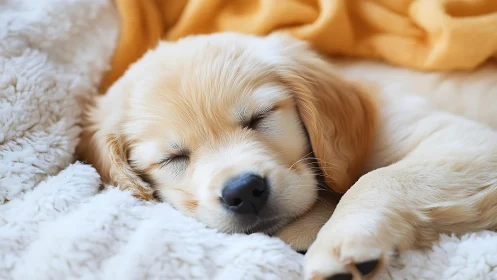 Sleeping golden retriever puppy rests on soft white blanket