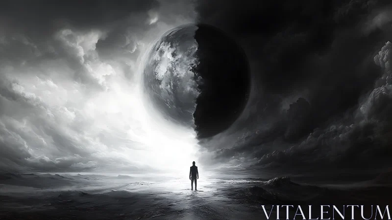 Silhouetted wanderer before split celestial sphere.