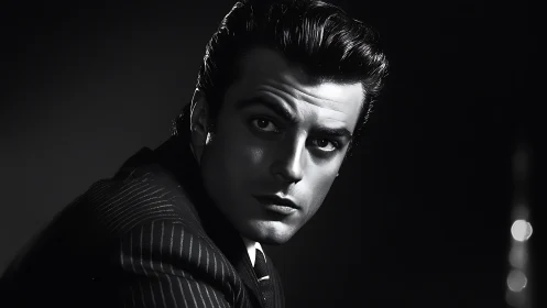 Moody noir portrait captures brooding man in pinstripe suit.