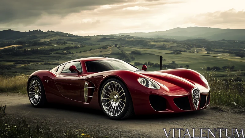 Scarlet supercar rests against rolling countryside at dusk