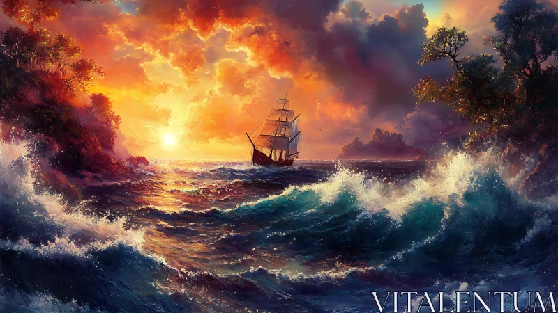 Storm-tossed galleon sails toward incandescent sunset horizon