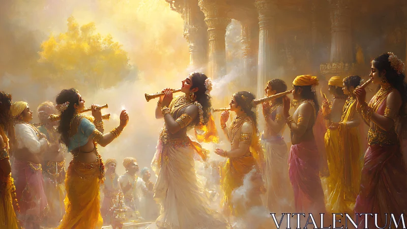 Divine musician surrounded by dancers in golden temple court.