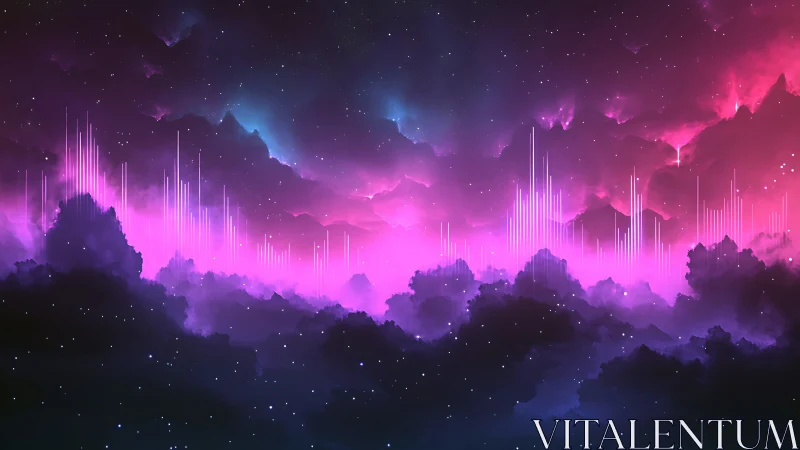 Nebula skyline with abstract soundwave light pillars.