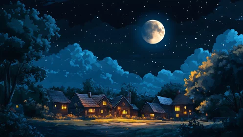 Moonlit village glows softly under a star filled summer sky