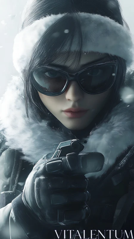 Arctic operative wielding handgun in winter tactical gear.