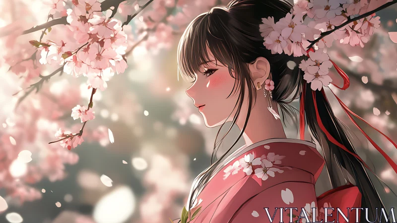 Blossom-kissed girl in pink kimono beneath drifting petals.