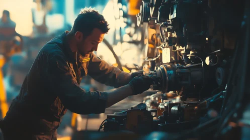 Industrial mechanic working on large machine in workshop.