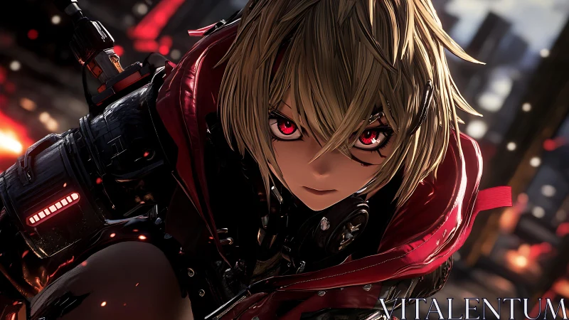 Intense cybernetic anime warrior with red glowing eyes.