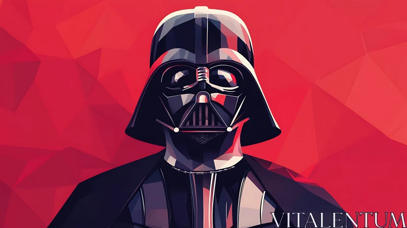 Polygonal dark sci-fi helmet contrasts bold crimson backdrop.